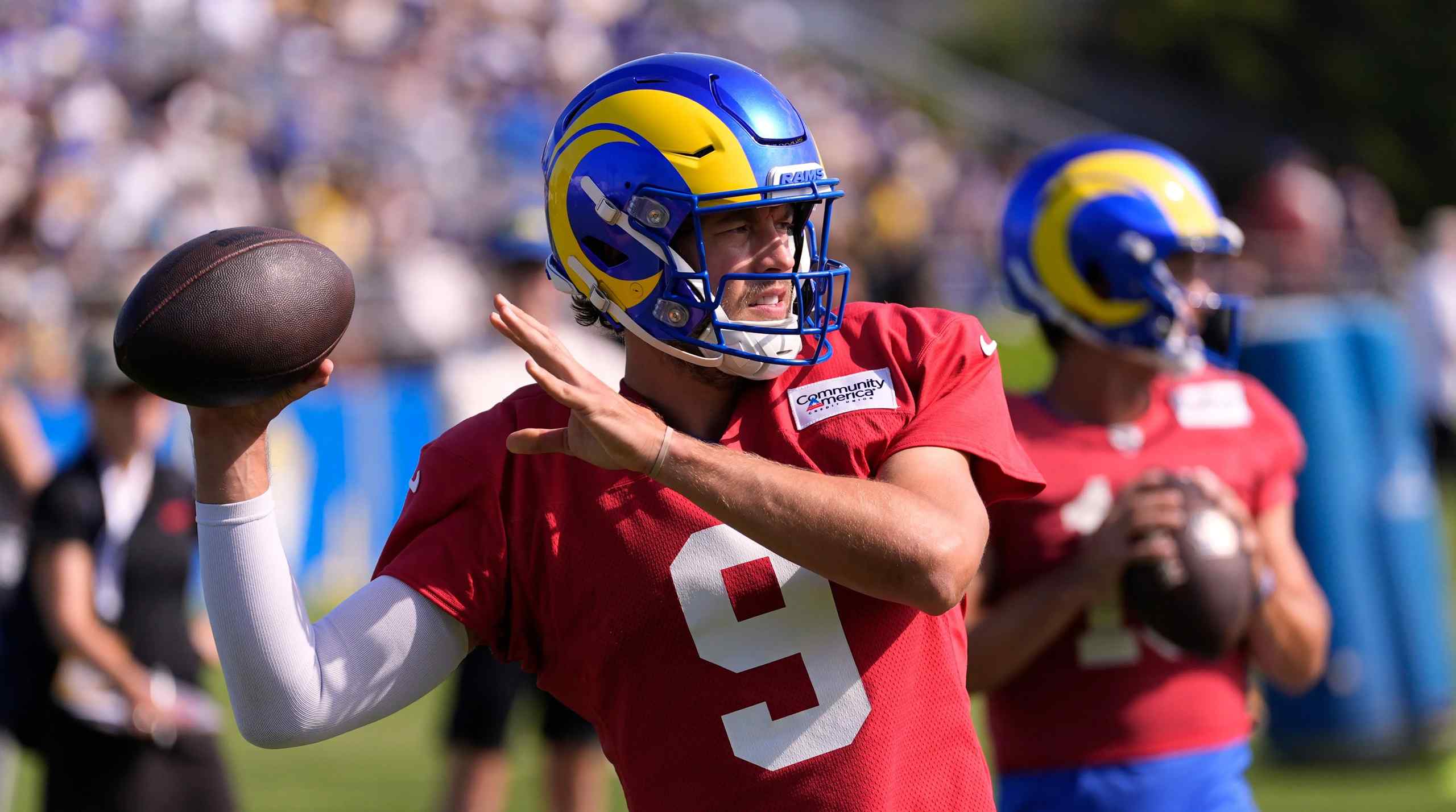 Matthew Stafford taking a snap for the LA Rams in practice.